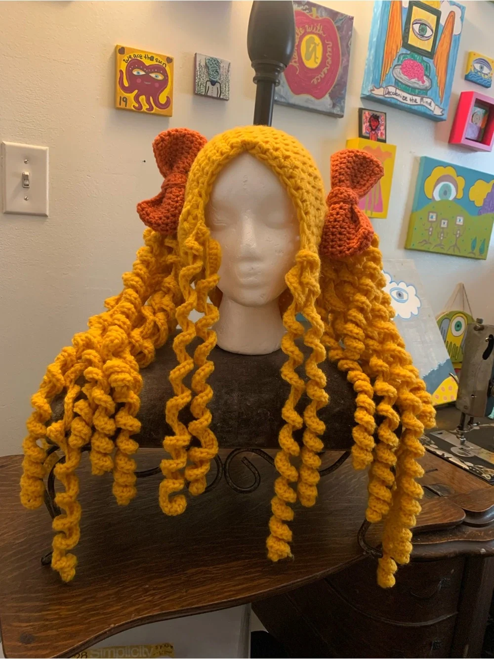 Handmade Yellow Curly Crochet Wig with Bows